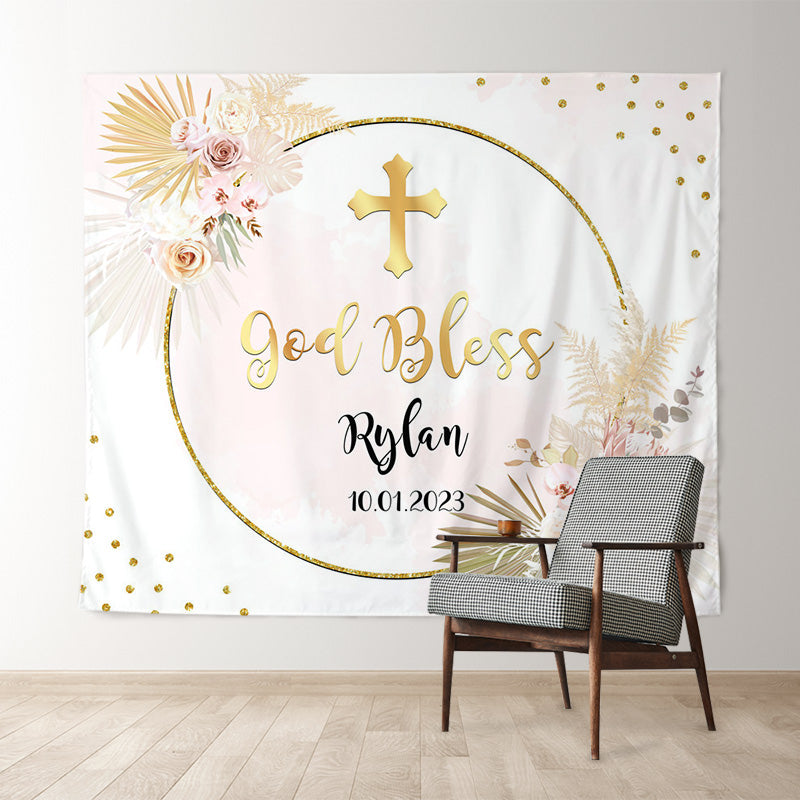 Lofaris God Bless Golden Wreath Floral Glitter Bridal Shower Backdrop