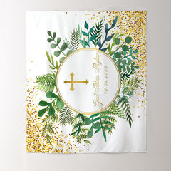 Lofaris God Bless Green Leaves Gold Glitter Wedding Backdrop