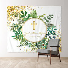 Lofaris God Bless Green Leaves Gold Glitter Wedding Backdrop