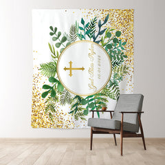 Lofaris God Bless Green Leaves Gold Glitter Wedding Backdrop