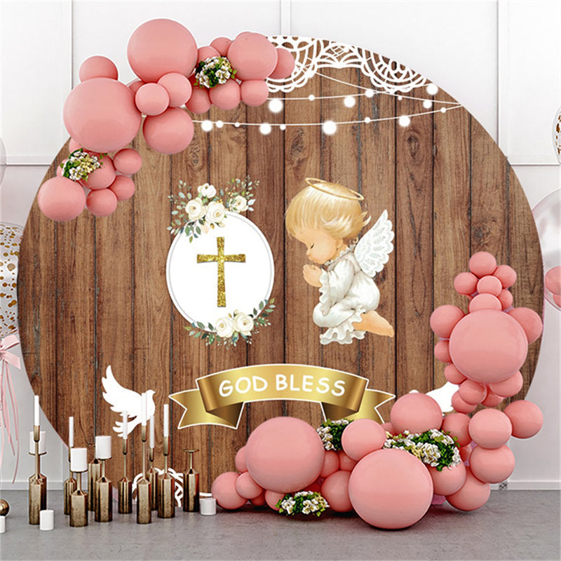 Lofaris God Bless Wooden Cherub Baby Shower Circle Backdrop