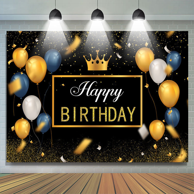 Lofaris Gold and Blue Ballons Black Glitter Birthday Backdrop