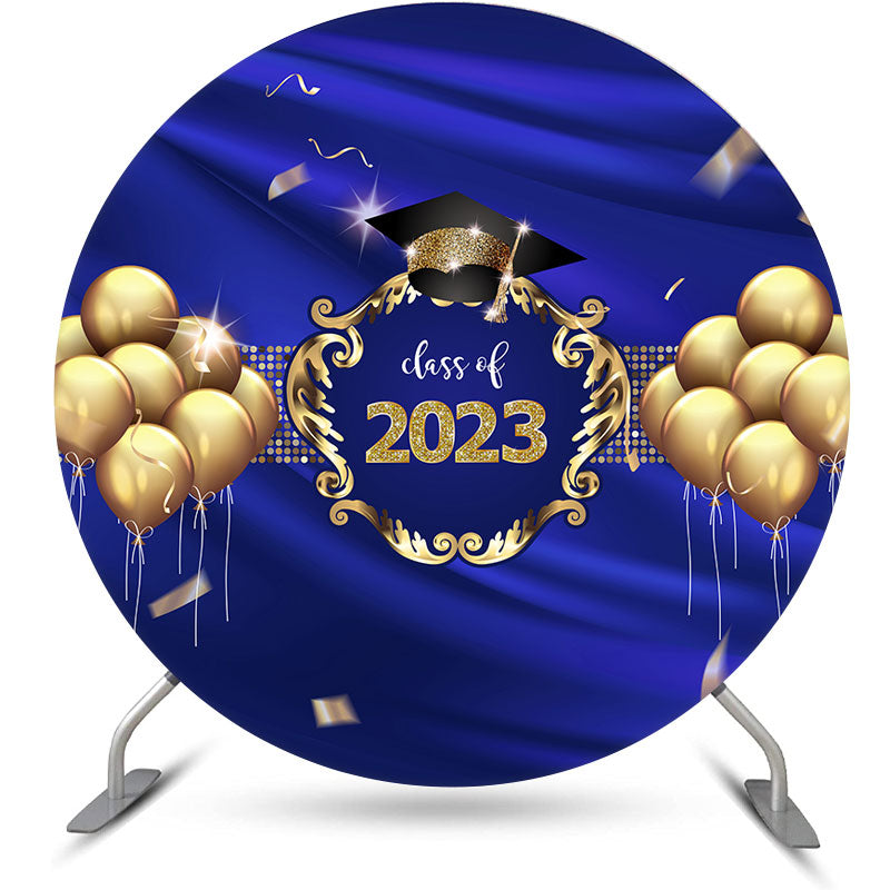 Lofaris Gold Balloons Navy Blue Class Of 2023 Round Backdrop