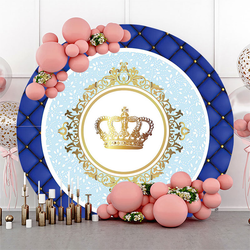 Lofaris Gold Crown Blue Birthday Party Round Backdrop Cover