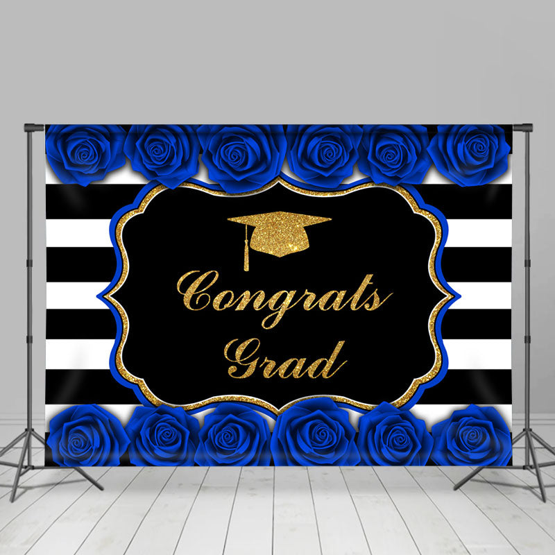 Lofaris Gold Glitter Blue Roses Congrats Graduation Backdrop