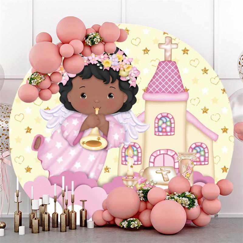 Lofaris Gold Glitter Church Angel Pink Circle Round Backdrops