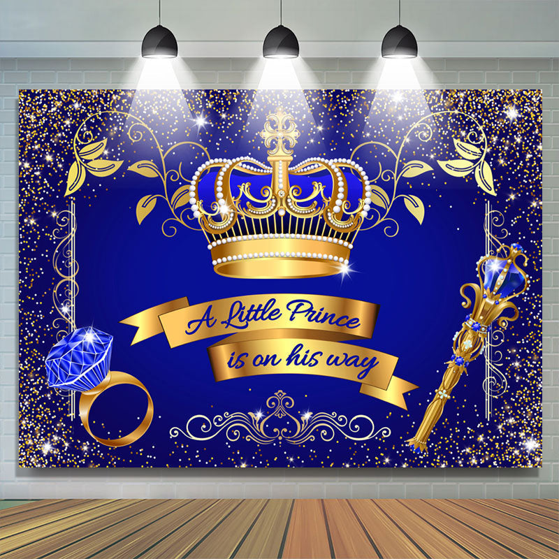 Lofaris Gold Glitter Crown Blue Little Prince Baby Shower Backdrop