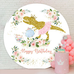 Lofaris Gold Glitter Dinosaur Floral Round Birthday Backdrop