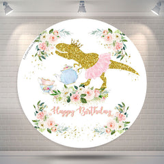 Lofaris Gold Glitter Dinosaur Floral Round Birthday Backdrop