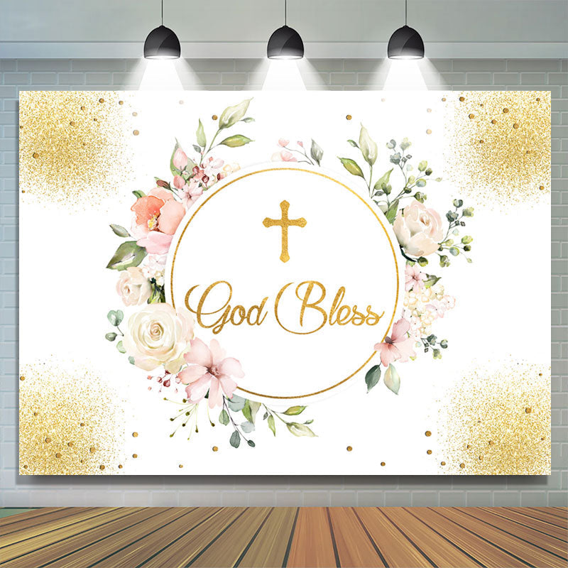 Lofaris Gold Glitter God Bless Pink Floral Baby Shower Backdrop