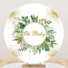 Lofaris Gold Glitter Oh Baby Round Green Leaf Shower Backdrop