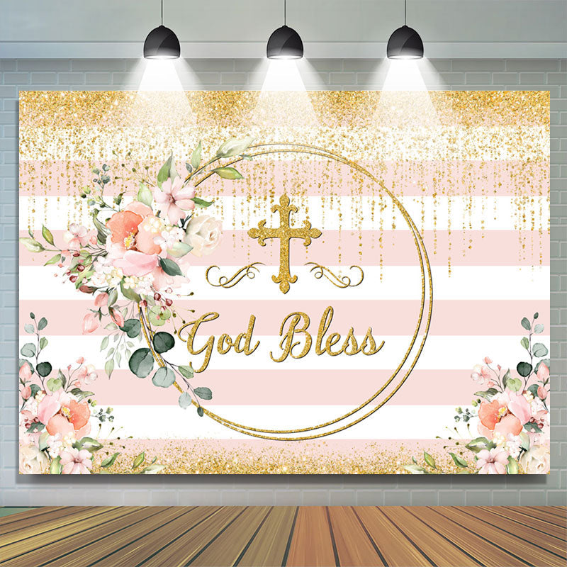 Lofaris Gold Glitter Pink Floral God Bless Baby Shower Backdrop