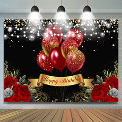 Lofaris Gold Glitter Red Balloons Black Happy Birthday Backdrop