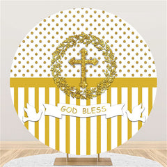 Lofaris Gold Glitter White God Bless Round Baby Shower Backdrop