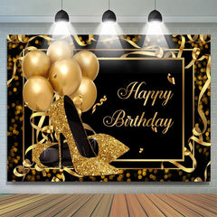 Lofaris Gold Heels and Balloons Black Happy Birthday Backdrop