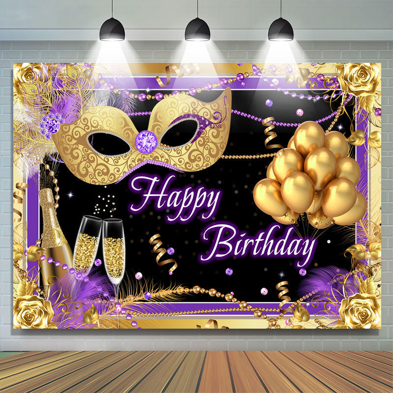 Lofaris Gold Mask And Ballon Purple Backdrop For Birthday Party