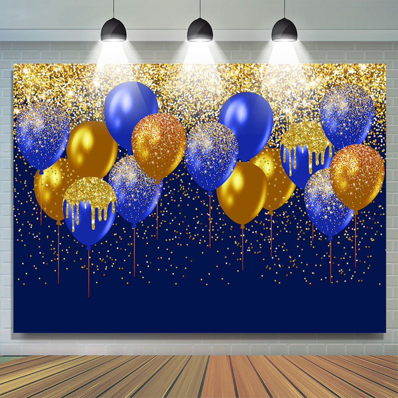 Lofaris Gold-Navy Balloons Glitter Happy Birthday Backdrop