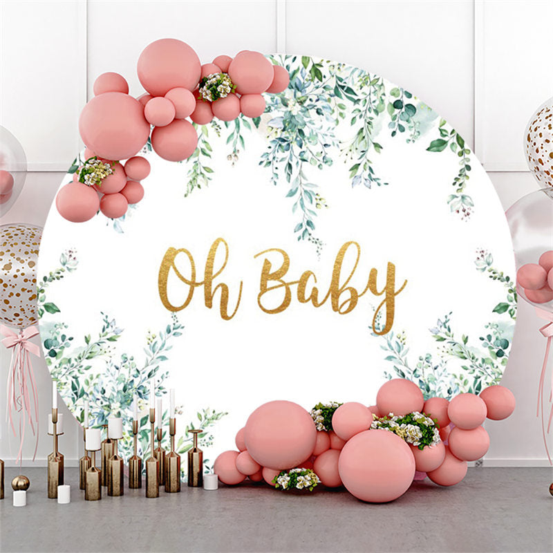 Lofaris Gold Oh Baby Round Green Leaves Shower Backdrop