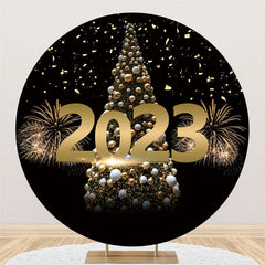 Lofaris Gold Fireworks And Tree Happy New Year Round Backdrop