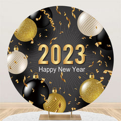 Lofaris Golden And Black Balls Happy New Year Round Backdrop