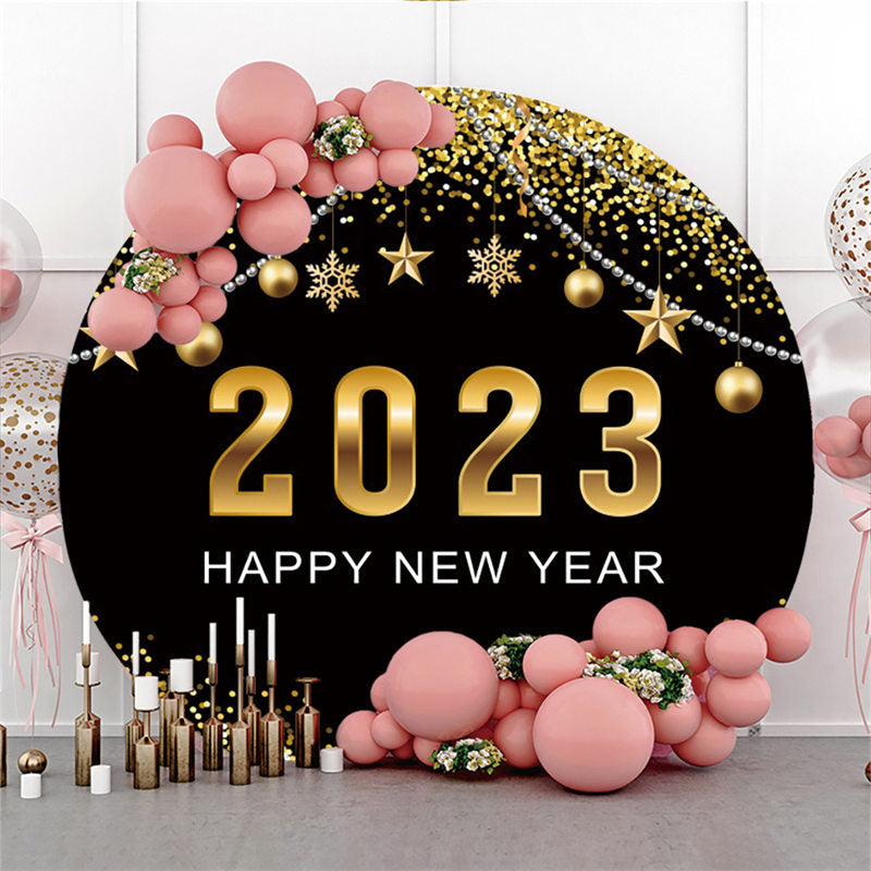 Lofaris Golden Ball Glitter Happy New Year Circle Backdrop