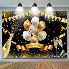 Lofaris Golden Glitter And White Balloon Happy Birthday Backdrop