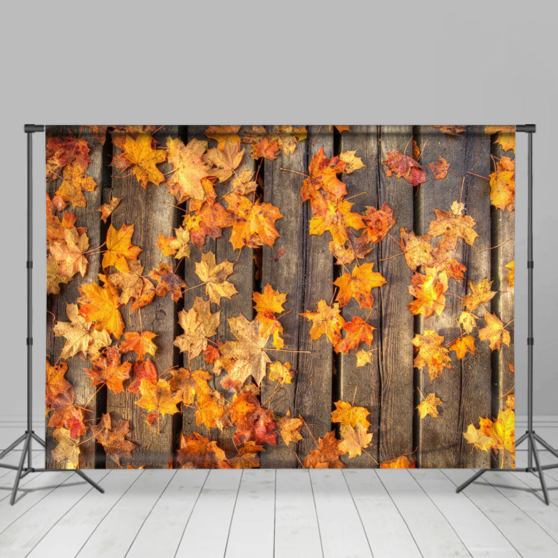 Lofaris Golden Leaves On The Ground Wooden Autumn Backdrop