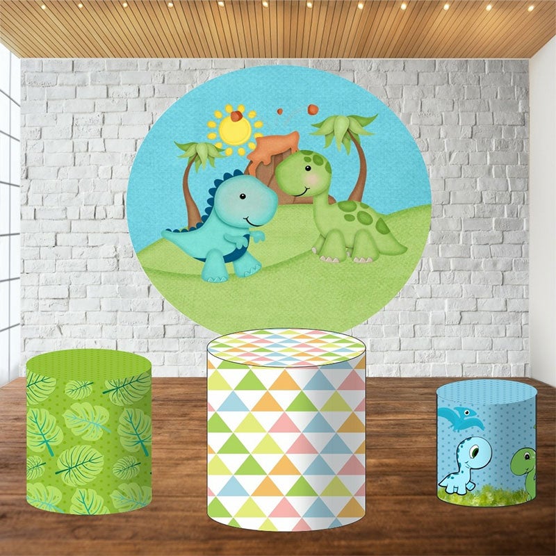 Lofaris Green And Cyan Dinosaur Round Birthday Party Backdrop