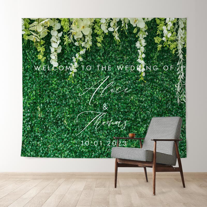 Lofaris Green Grass White Floral Greenery Backdrop for Wedding