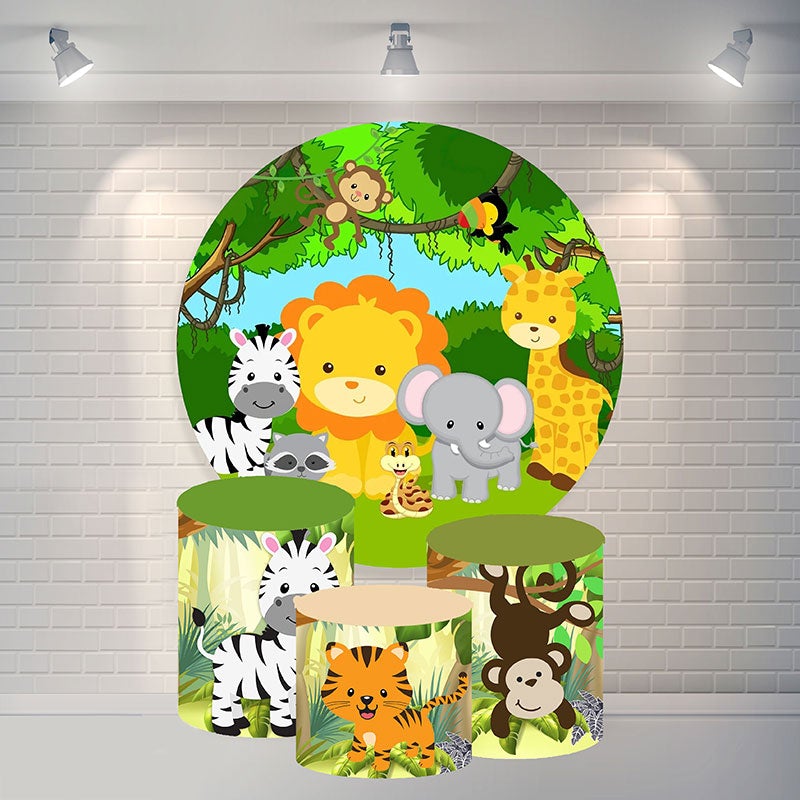 Lofaris Green Jungle Animals Round Happy Birthday Backdrop