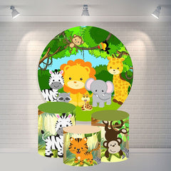 Lofaris Green Jungle Animals Round Happy Birthday Backdrop