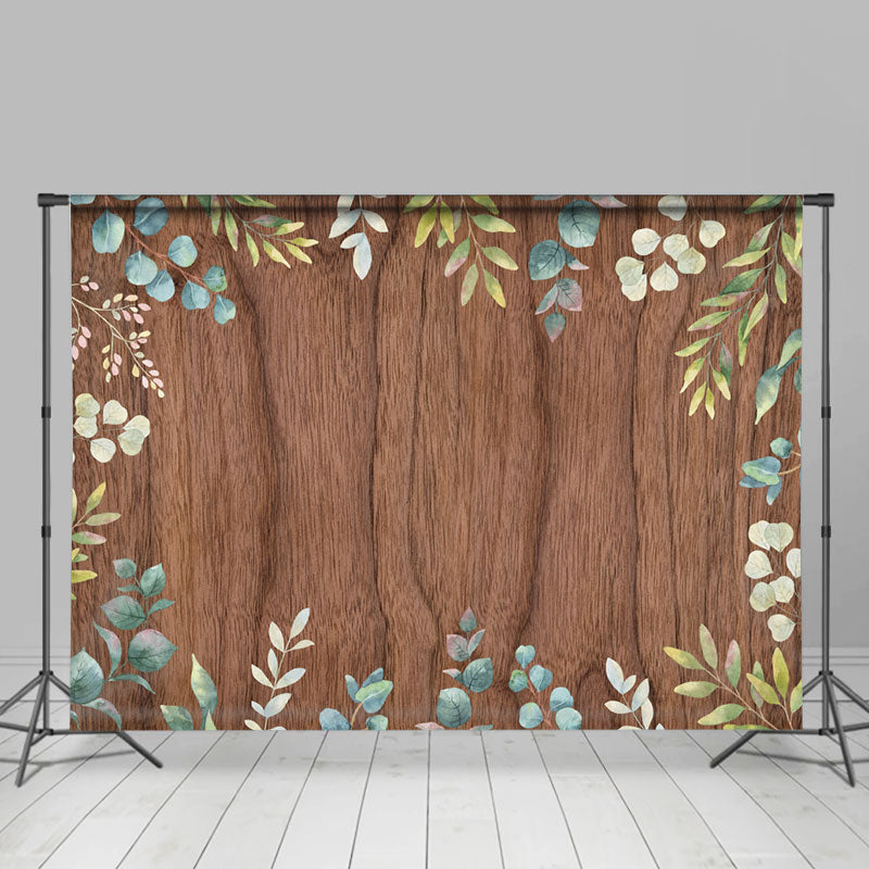 Lofaris Green Leaves Brown Wooden Wall Spring Party Backdrop
