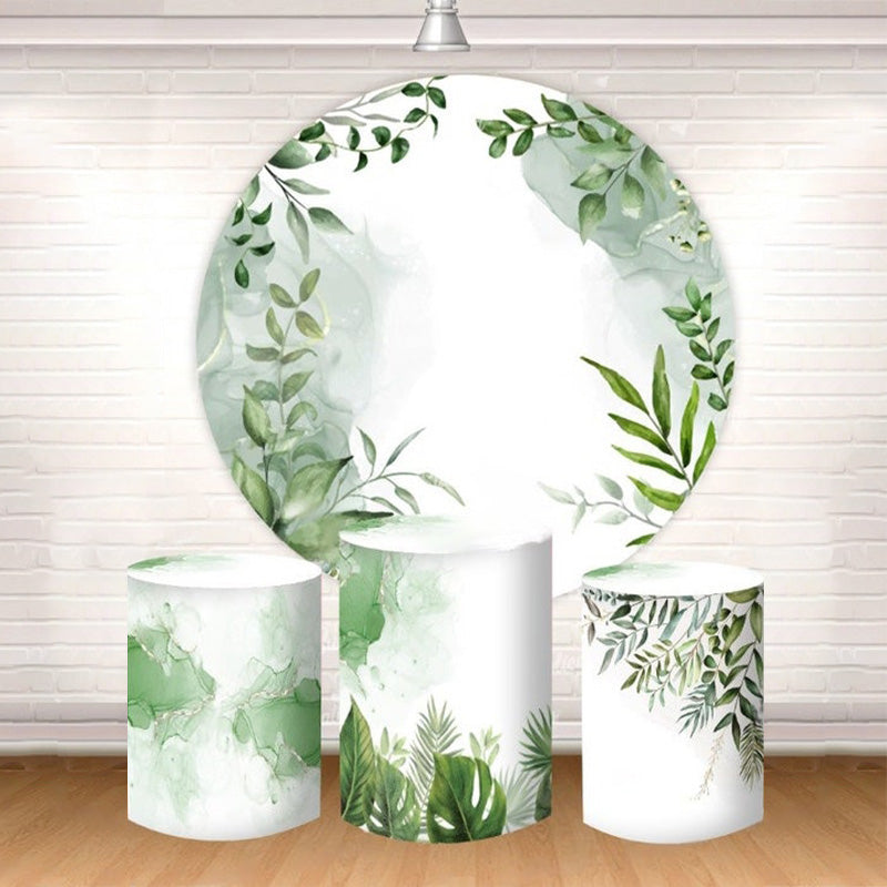 Lofaris Green Leaves White Boho Round Party Backdrop Kit