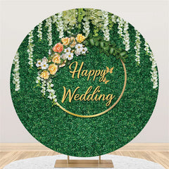 Lofaris Green Leaves White Floral Round Happy Wedding Backdrop