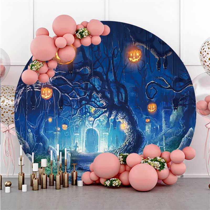 Lofaris Halloween Round Scary Night Castle Pumpkins Backdrop