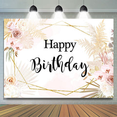 Lofaris Happy Birthday Floral Gold Leaves Geometry Backdrop for Party