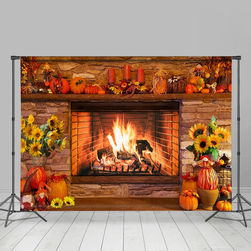 Lofaris Harvest Autumn Fireplace Sunflower Pumpkin Backdrop