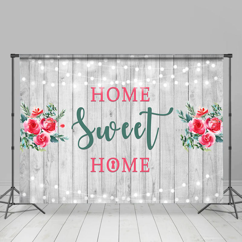 Lofaris Home Sweet Wooden Red Floral Housewarming Bakcdrop