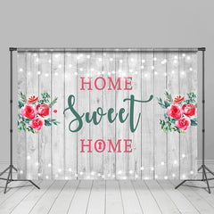 Lofaris Home Sweet Wooden Red Floral Housewarming Bakcdrop