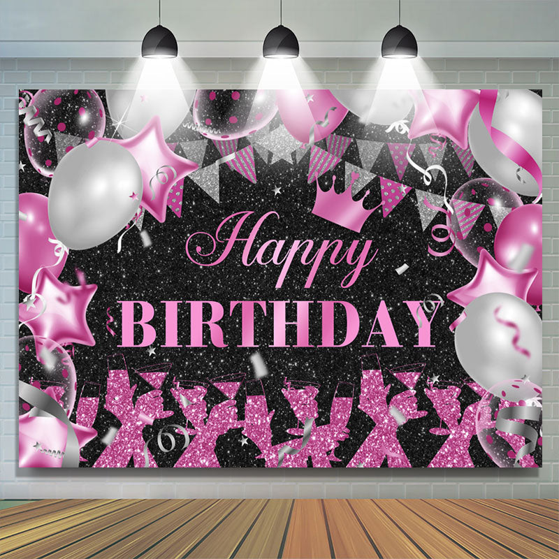 Lofaris Hot Pink Sliver Balloons Glitter Black Birthday Backdrop