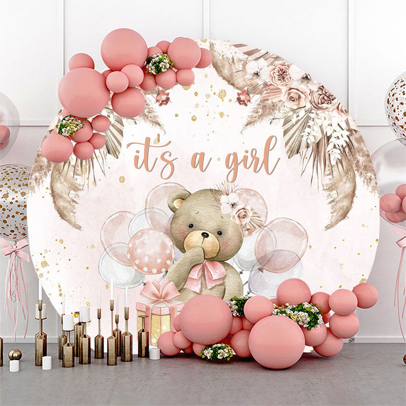 Lofaris Its A Girl Bear Balloon Baby Shower Round Backdrop