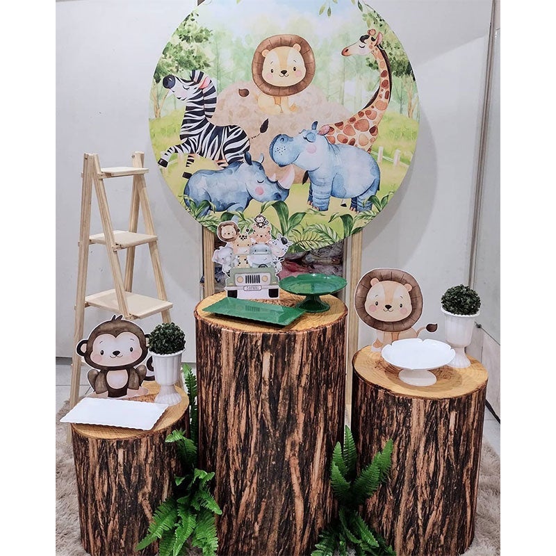 Lofaris Jungle Animals And Green Forest Round Birthday Backdrop Kit