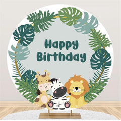 Lofaris Jungle Animals Leaves Circle Happy Birthday Backdrop