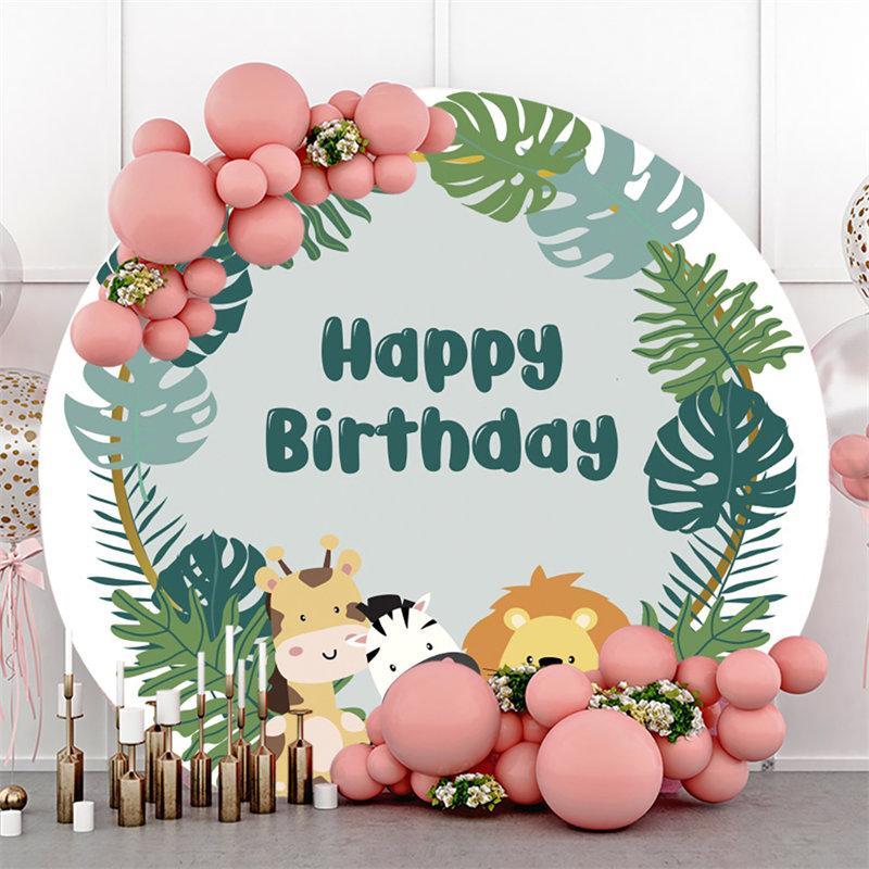 Lofaris Jungle Animals Leaves Circle Happy Birthday Backdrop