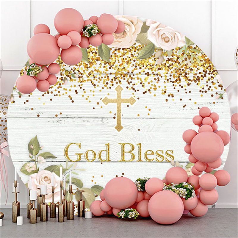 Lofaris Khaki Floral Gold Glitter God Bless Baby Shower Backdrop