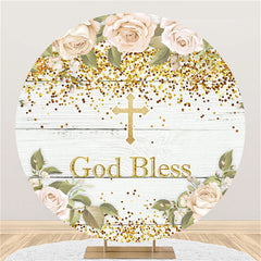 Lofaris Khaki Floral Gold Glitter God Bless Baby Shower Backdrop