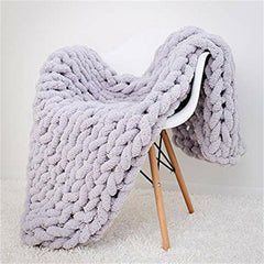 Lofaris Large Handmade Soft Chenille Warm Light Gray Thick Knit Blanket