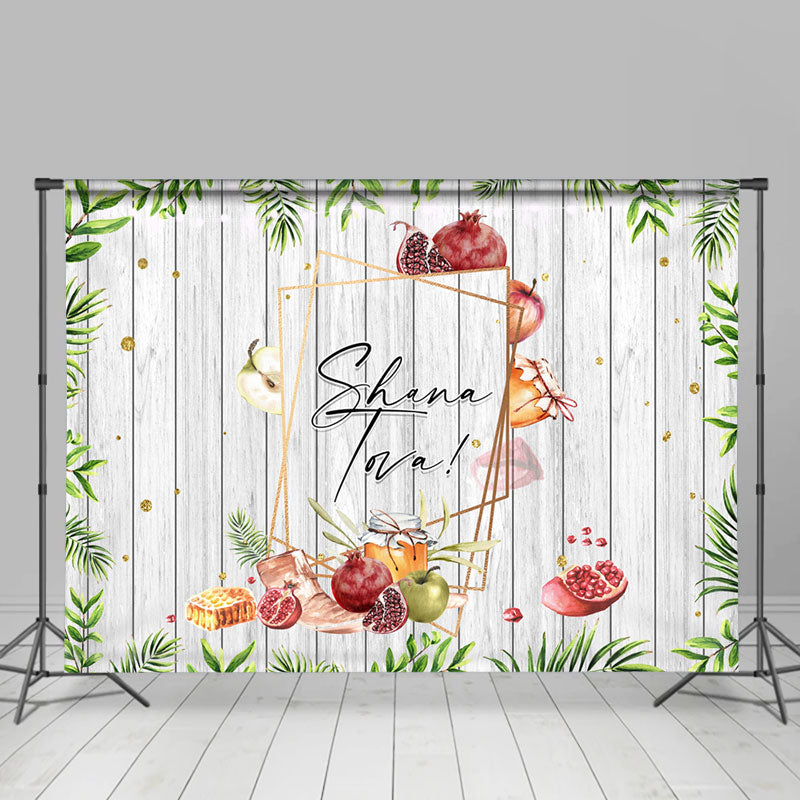 Lofaris Leaves Fruits Grey Wooden Happy Shavuot Backdrop