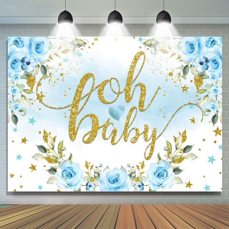 Lofaris Light Blue Flowers And Glitter Baby Shower Backdrop