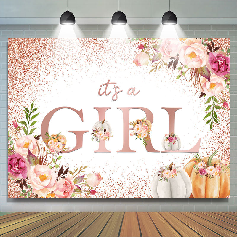 Lofaris Light Pink Floral And Pumpkin Glitter Baby Shower Backdrop